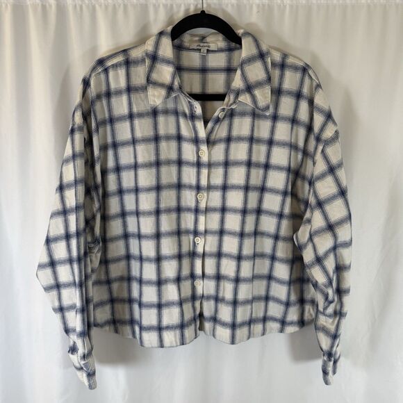 Madewell Tops - Madewell Flannel Shirt Women's 1X White Blue Plaid Button Up Long Sleeve Cropped